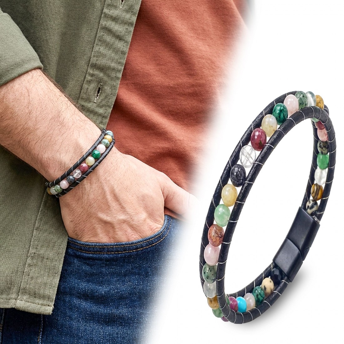 İsim Yazılabilir Beyaz Çelik Plakalı Çoklu Siyah Deri Erkek Bileklik