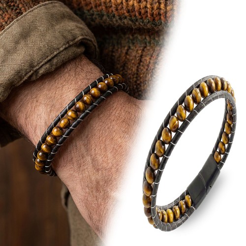 6mm Hematit Taşlı Deri Kordon Ve Çelik Bileklik