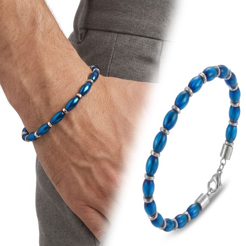 Arpa Kesim Mavi Ve Gümüş Hematit Doğal Taşlı Ayarlanabilir Çelik Zincir Bileklik