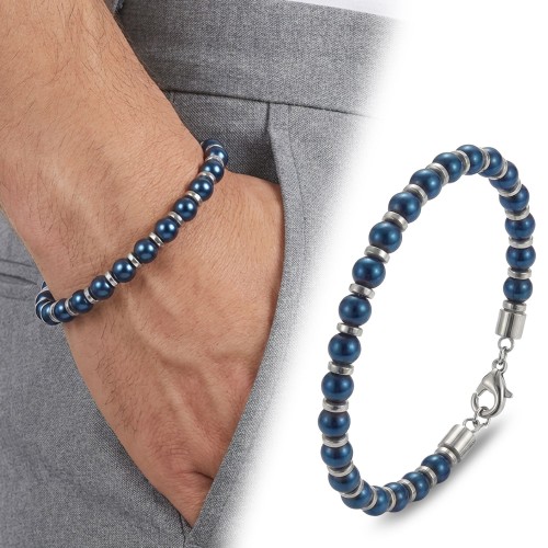 Mavi Küre Hematit Doğal Taşlı Ayarlanabilir Çelik Zincir Bileklik