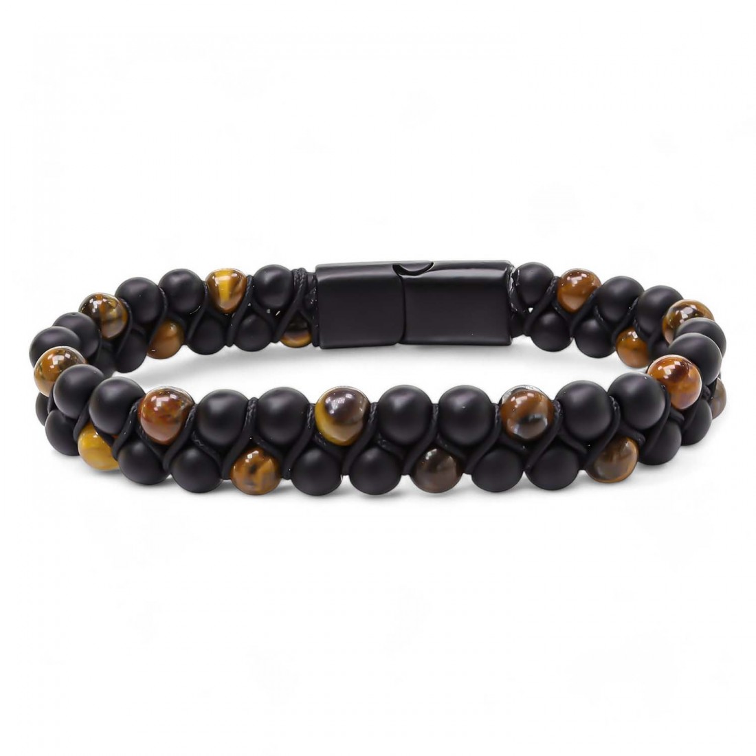 Kaplan Gözü Ve Oniks Doğaltaş Ve Çelik Halatlı Erkek Bileklik