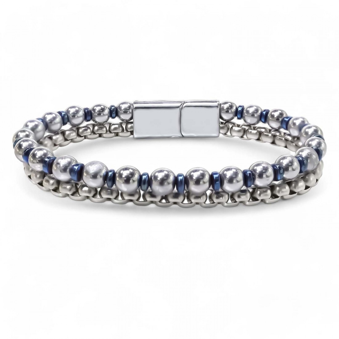 Çelik Zincirli Gümüş Ve Mavi Hematit Bileklik