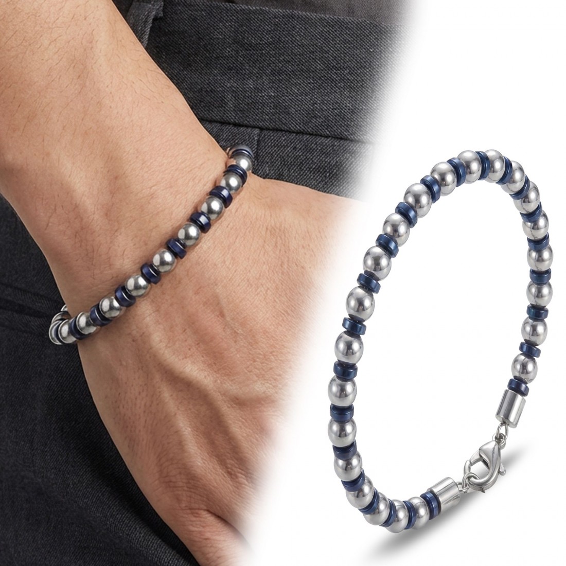 Gümüş Ve Mavi Renkli Hematit Ayaranabilir Çelik Zincir Bileklik