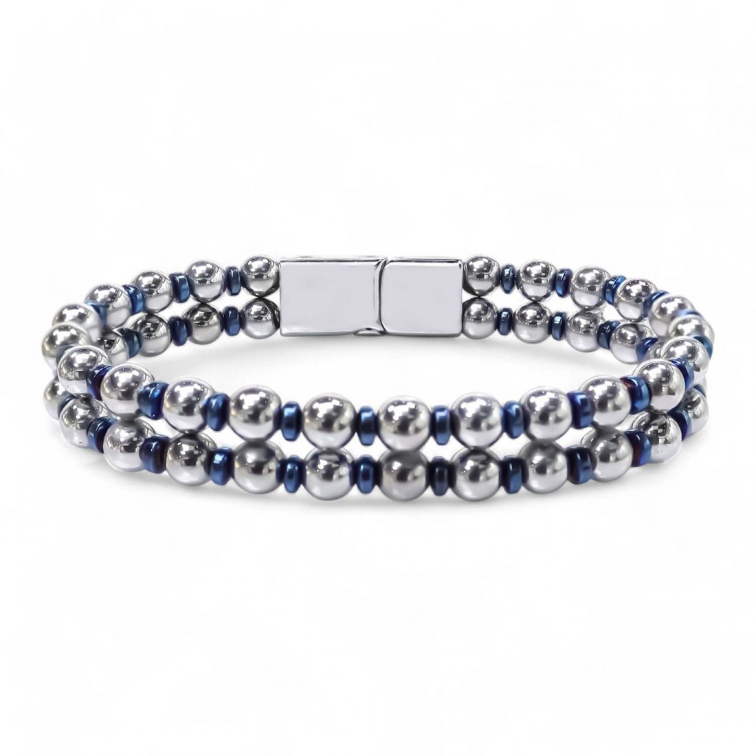 Çift Gümüş Ve Mavi Renk Hematit Çelik Bileklik