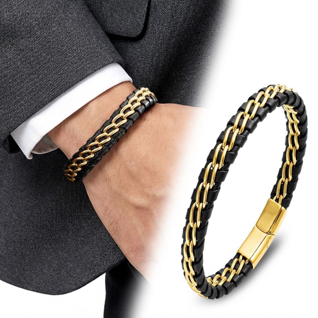 Sarı Çift Zincir Çelik Ve Deri Bileklik