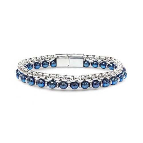 Çelik Zincirli Mavi Ve Gümüş Hematit Bileklik