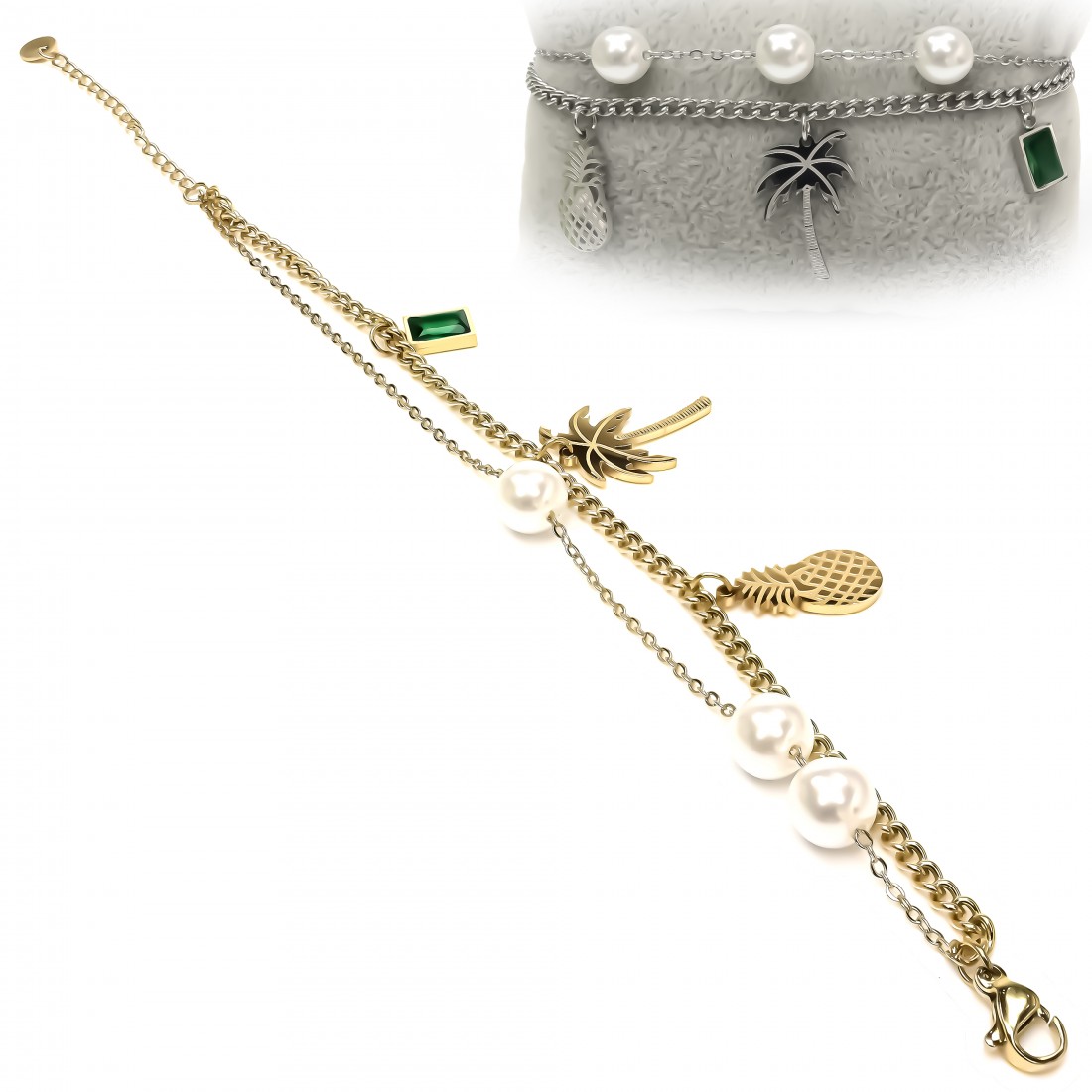 Çoklu İncili Kadın Çelik Bileklik