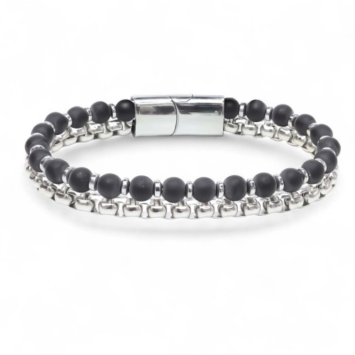 Çelik Zincirli Mat Oniks Ve Silver Hematit Bileklik