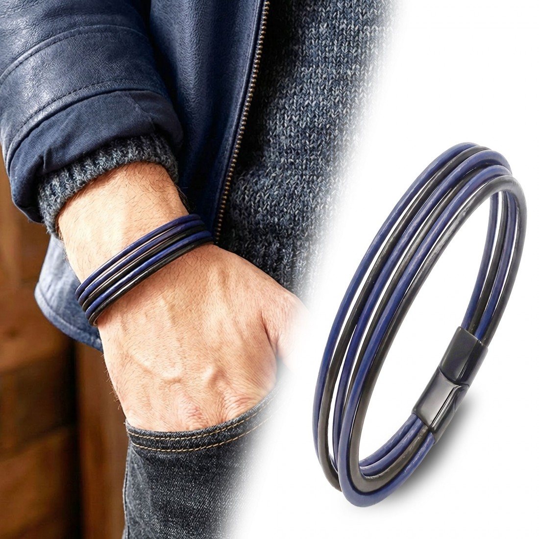 Lacivert Siyah Çoklu Deri Ve Titianyum Kilitli Çelik Bileklik
