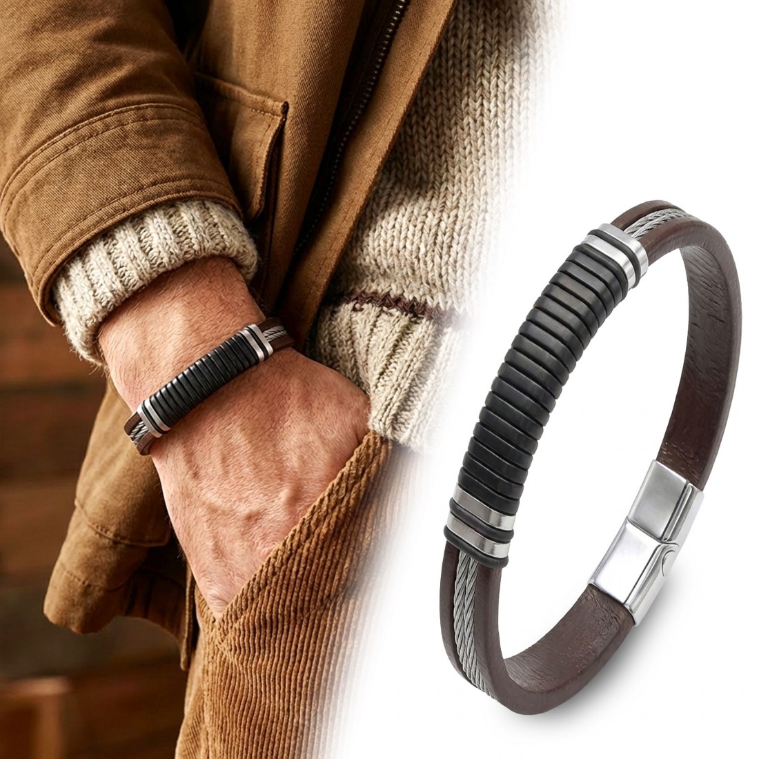 Kahverengi deri gövde, siyah segmentli orta bölüm ve 316L çelik detaylı toptan erkek bileklik