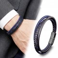 Lacivert Siyah Deri Erkek Bileklik – Titanyum Çelik Manyetik Kilitli