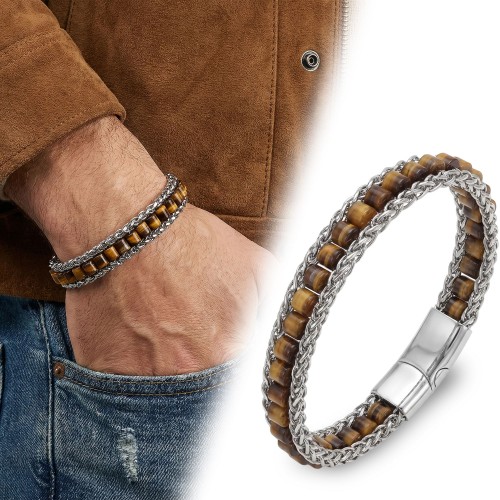 Kaplan Gözü Doğal Taşlı Hasır Örgü Zincirli Erkek Çelik Bileklik
