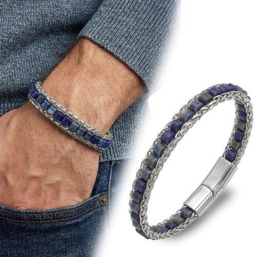 Lapis Doğal Taşlı Hasır Örgü Zincirli Erkek Çelik Bileklik