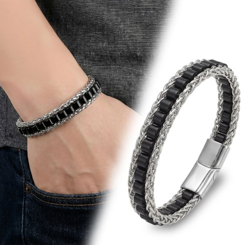 Oniks Doğal Taşlı Hasır Örgü Zincirli Erkek Çelik Bileklik