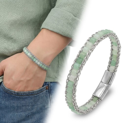 Yeşil Aventurin Doğal Taşlı Hasır Örgü Zincirli Erkek Çelik Bileklik