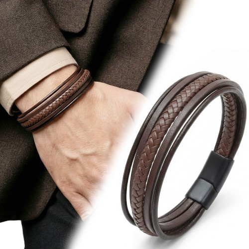 Kahve Tüp Örgü Ve Çoklu Deri Bileklik - Zamak Kilit