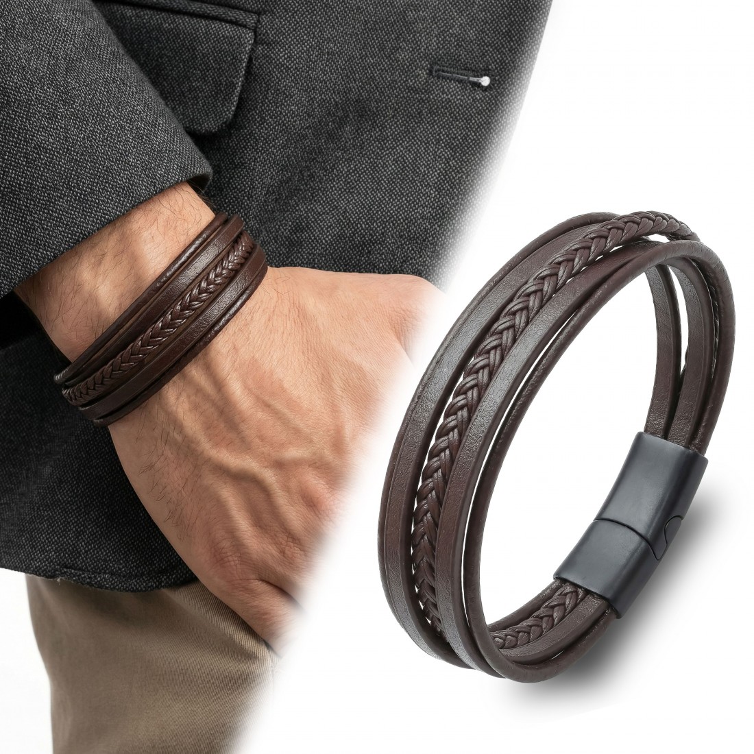 Kahverengi Çoklu Deri Bileklik Zamak Kilit