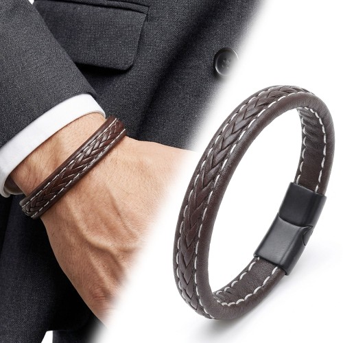 Kahve Saç Örgülü Deri Bileklik Zamak Kilit