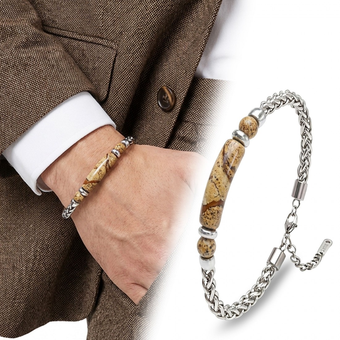 Odun Jasper Doğal Taşlı Ayarlanabilir Çelik Zincir Bileklik