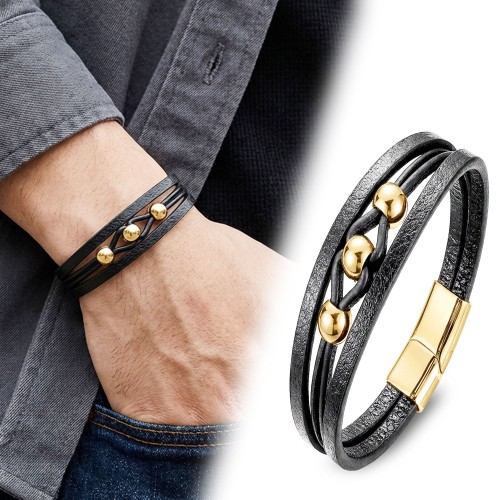 Sarı Çelik Top Ve Siyah Deri Bileklik