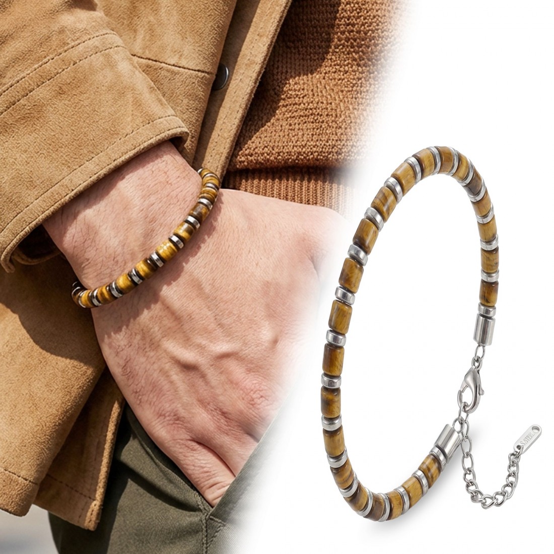 Kaplan Gözü & Silver Hematit Taşlı Ayarlanabilir Çelik Zincir Erkek Bileklik