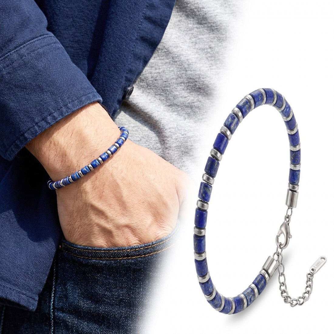 Lapis Lazuli Taşlı Erkek Bileklik – Ayarlanabilir Çelik Papağan Kilit
