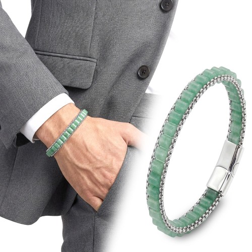 Yeşil Aventurin Doğal Taşlı Hasır Örgü Zincirli Erkek Çelik Bileklik