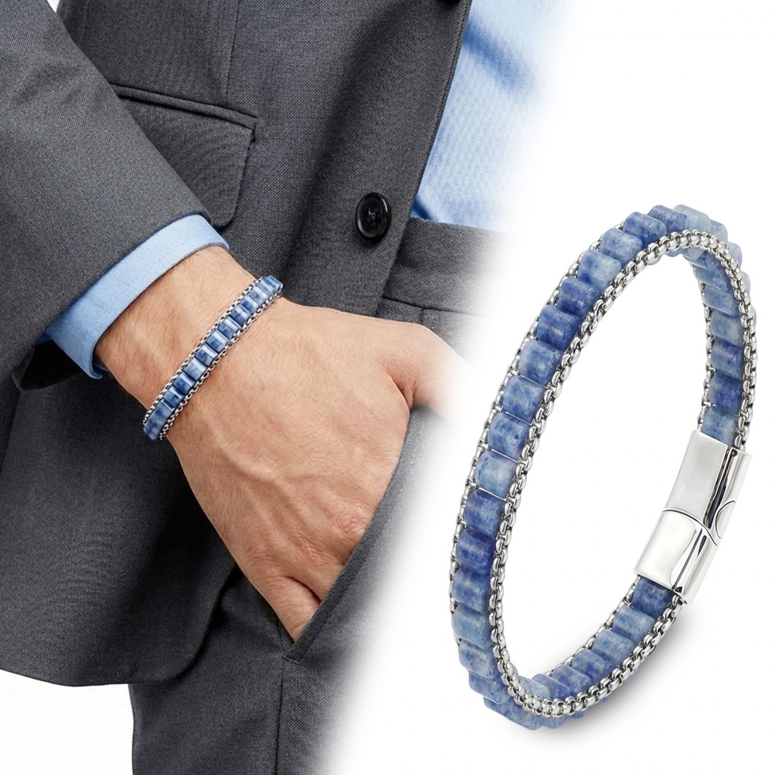 Oniks Doğal Taşlı Hasır Örgü Zincirli Erkek Çelik Bileklik