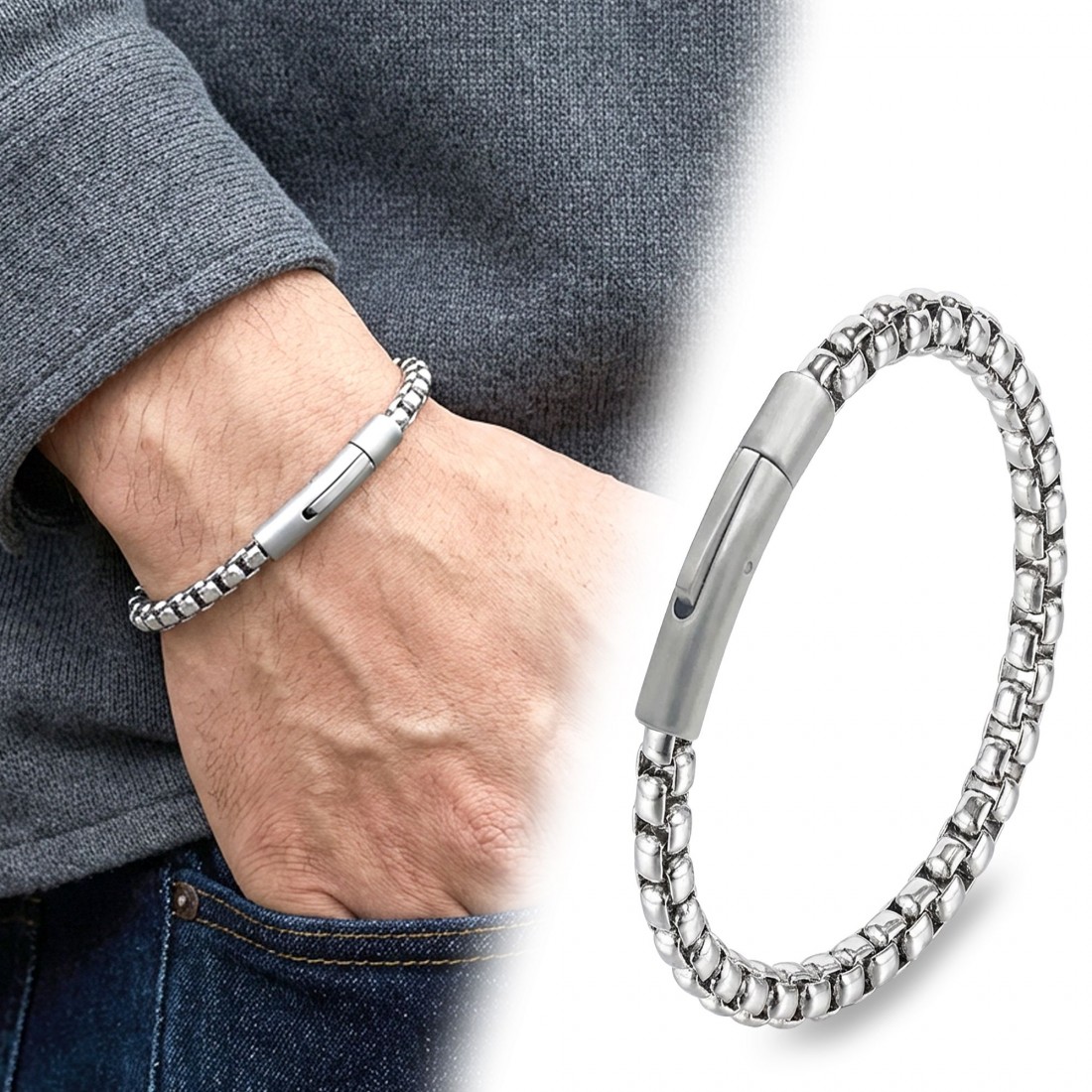 Tekli 4mm Arnavut Model Çelik Zincir Erkek Bileklik – Çelik Kilitli