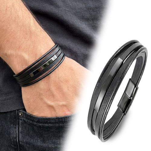 İsim Yazılabilir Siyah Titanyum Plakalı Çoklu Siyah Deri Erkek Bileklik