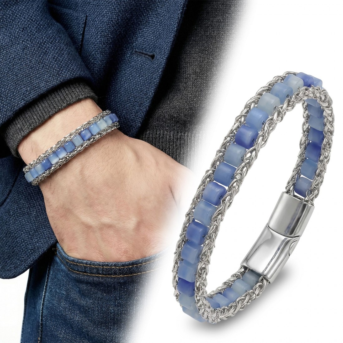 Mavi Aventurin Doğal Taşlı Hasır Örgü Zincirli Erkek Çelik Bileklik