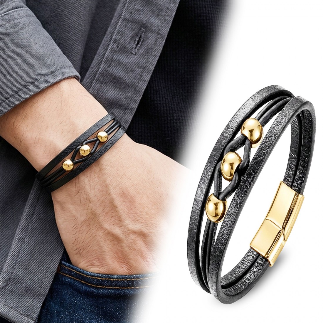 Sarı Çelik Top Ve Siyah Deri Bileklik