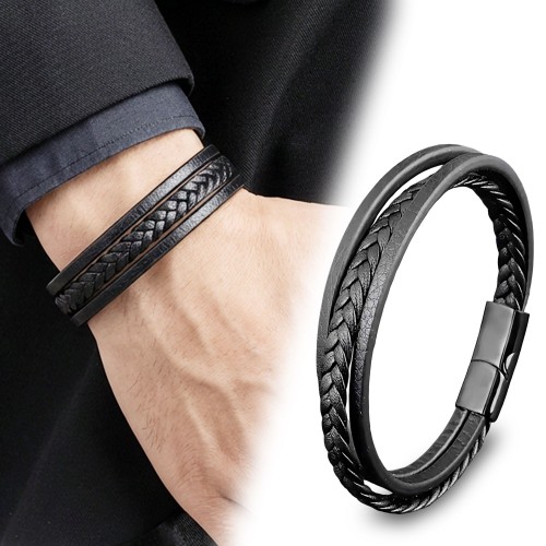 Siyah Deri Erkek Bileklik – Titanyum Çelik Manyetik Kilitli