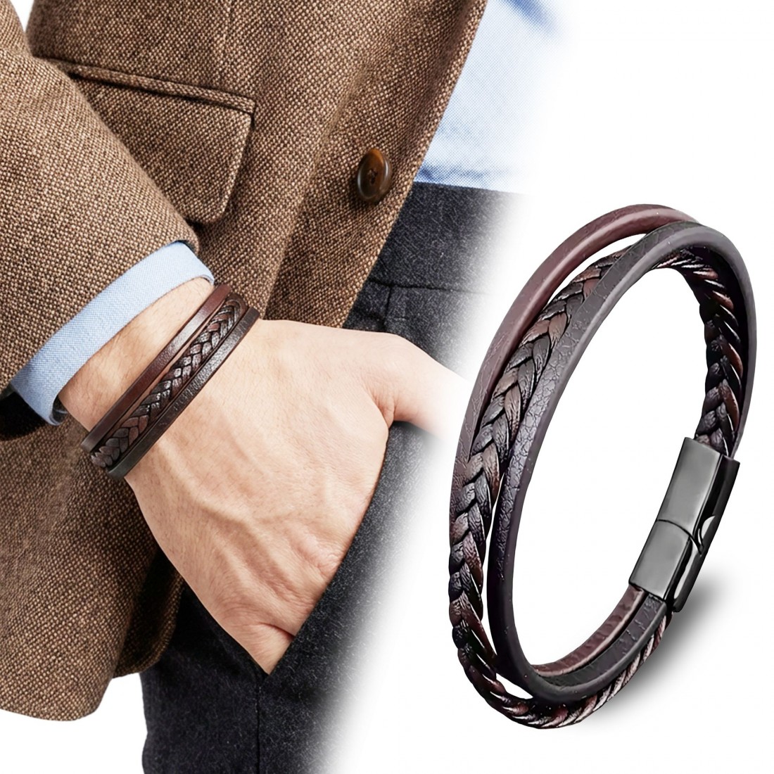Kahverengi Siyah Deri Erkek Bileklik – Titanyum Çelik Manyetik Kilitli