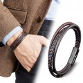 Kahverengi Siyah Deri Erkek Bileklik – Titanyum Çelik Manyetik Kilitli