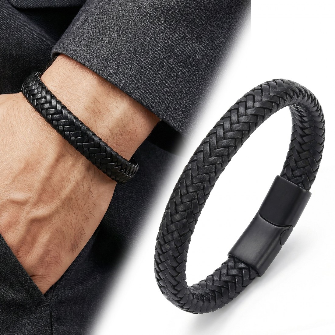 Siyah Deri Örgü Bileklik