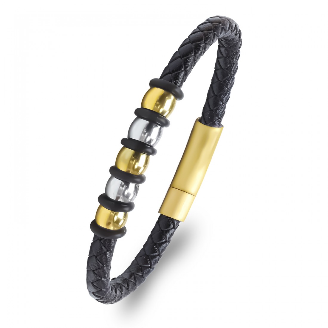 Altın tonlu çelik halkalı siyah örgü deri toptan erkek bileklik