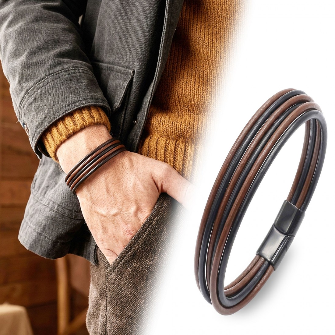 Kahve Siyah Çoklu Deri Ve Titianyum Kilitli Çelik Bileklik