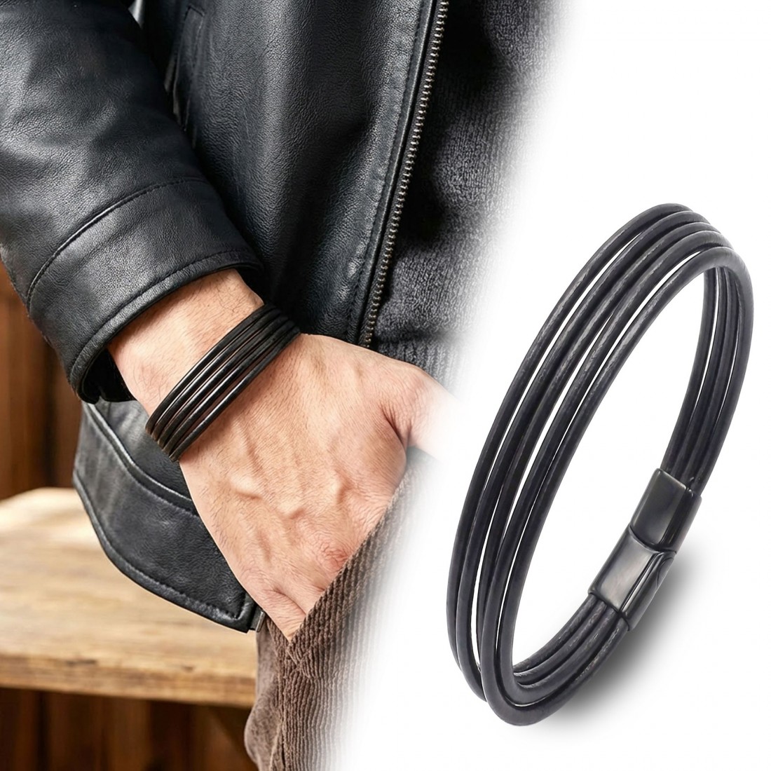 Siyah Çoklu Deri Ve Titianyum Kilitli Çelik Bileklik