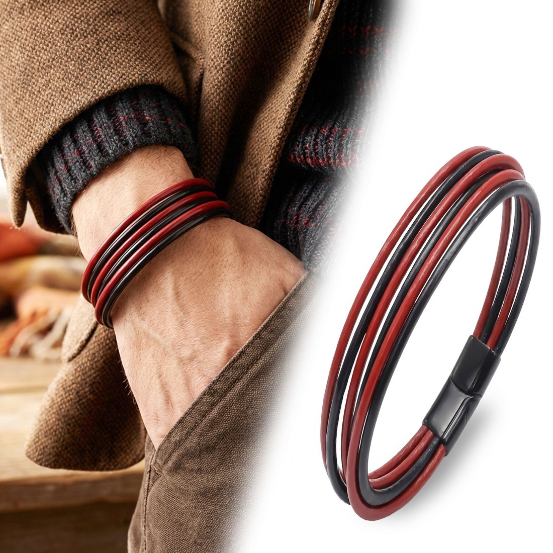 Kırmızı Siyah Çoklu Deri Ve Titianyum Kilitli Çelik Bileklik