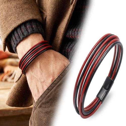 Kırmızı Siyah Çoklu Deri Ve Titianyum Kilitli Çelik Bileklik