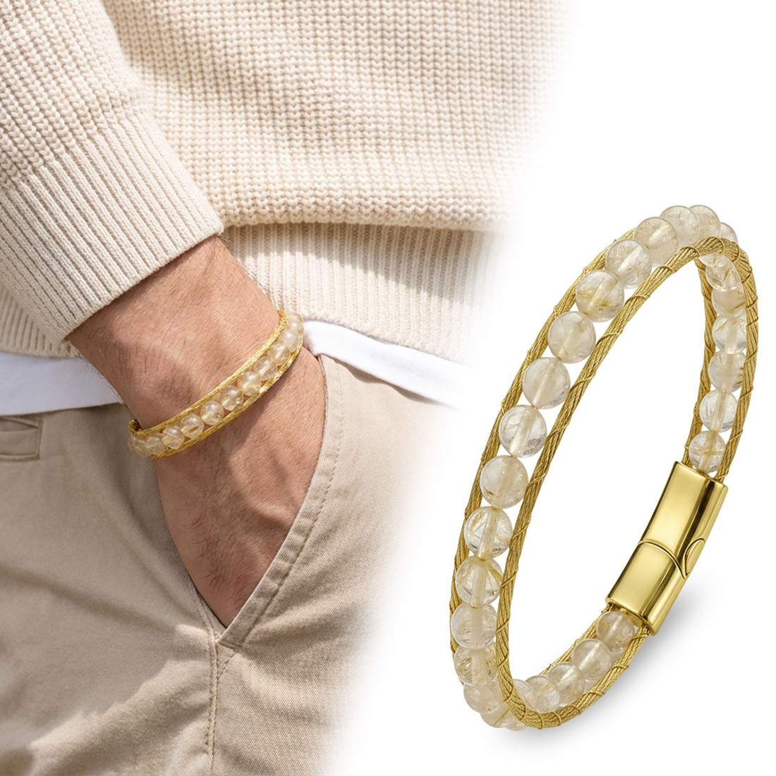 Titanyum Kilitli Sitrin Doğaltaş Ve 316L Çelik Halat Örme Erkek Bileklik