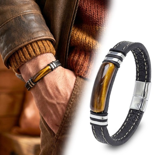 Kaplangözü Taş & Deri Kordonlu Titanyum Çelik Erkek Bileklik