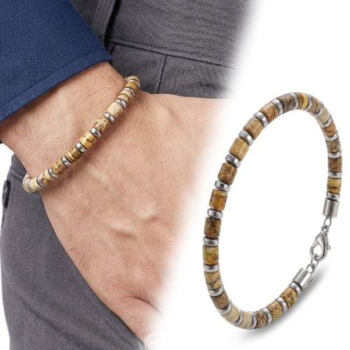 Odun Jasper & Silver Hematit Taşlı Ayarlanabilir Çelik Zincir Erkek Bileklik