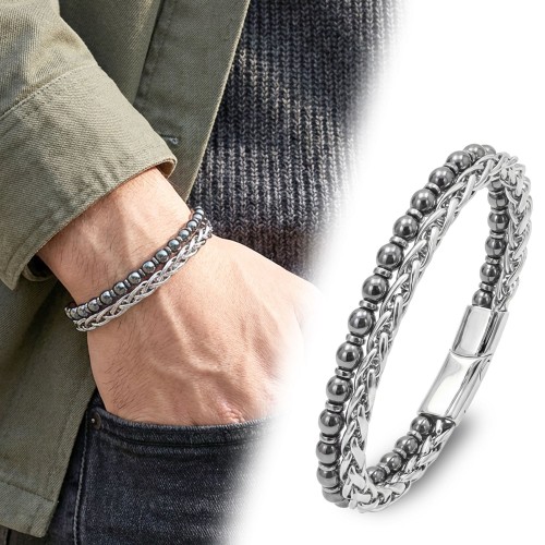 Çelik Zincirli Hematit Ve Silver Hematit Bileklik