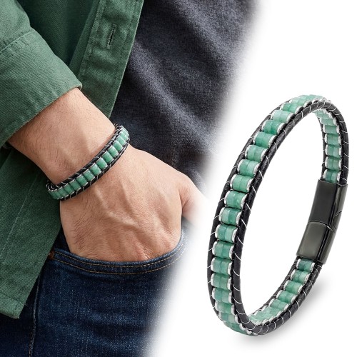Yeşil Aventurin & Hematit Çelik Örgülü Deri Bileklik