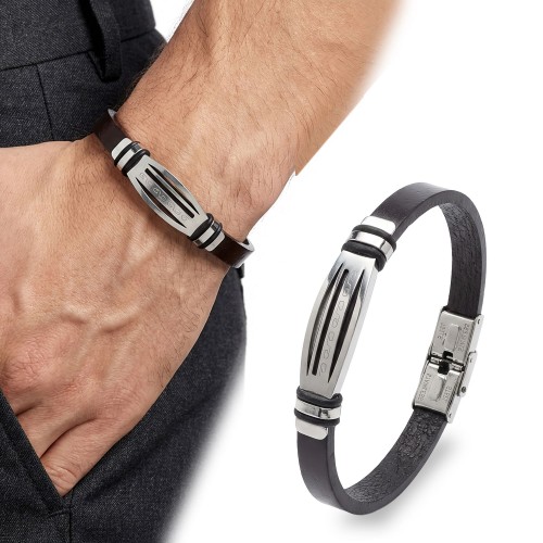 Motifli Ayarlanabilir Kordonlu Erkek Deri Ve Çelik Bileklik