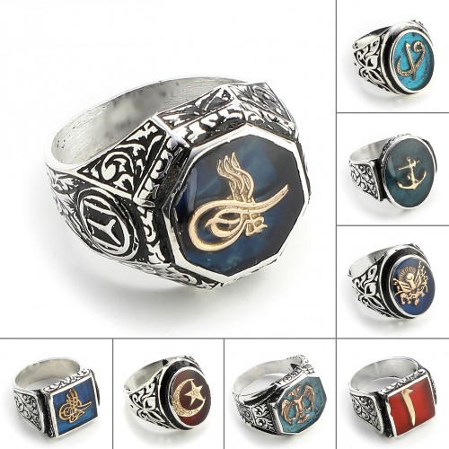 Osmanlı Tuğralı Mineli Alloy Otantik Erkek Yüzük