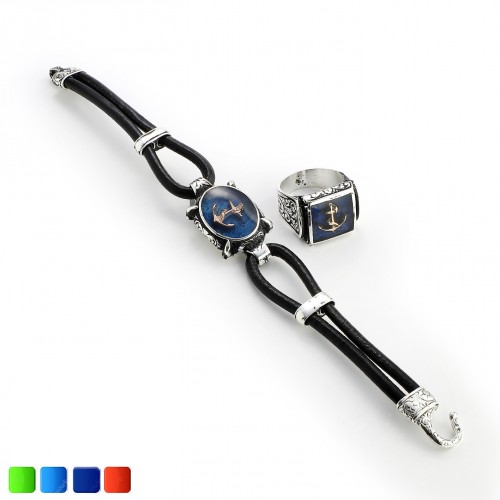 Gemi Çapası Deri Kordonlu Mineli Bileklik Ve Yüzük