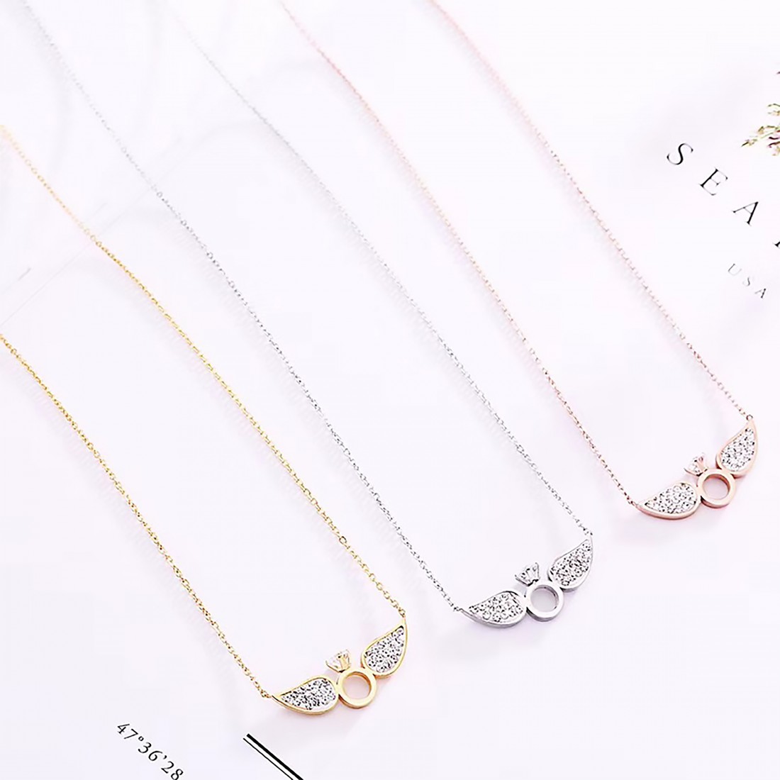 Toptan Melek Kanatlı Tek Taş Bayan Çelik Kolye Fiyatları